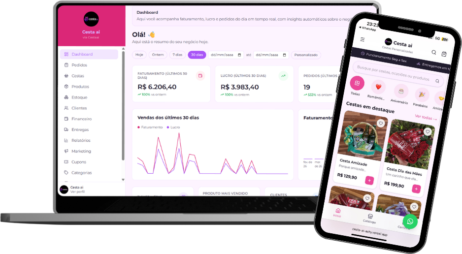 Dashboard cesta.ai em notebook e celular