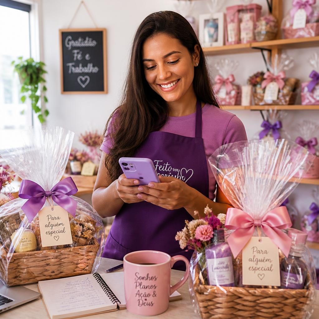 Empreendedora conferindo pedidos de cestas personalizadas pelo celular